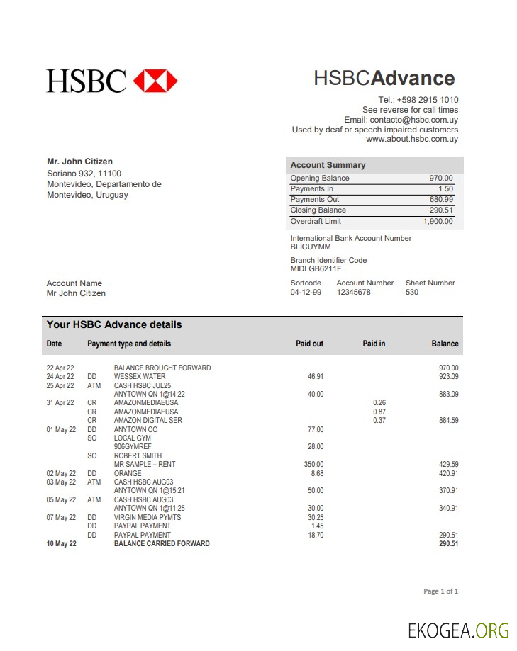 Relevé bancaire HSBC Uruguay